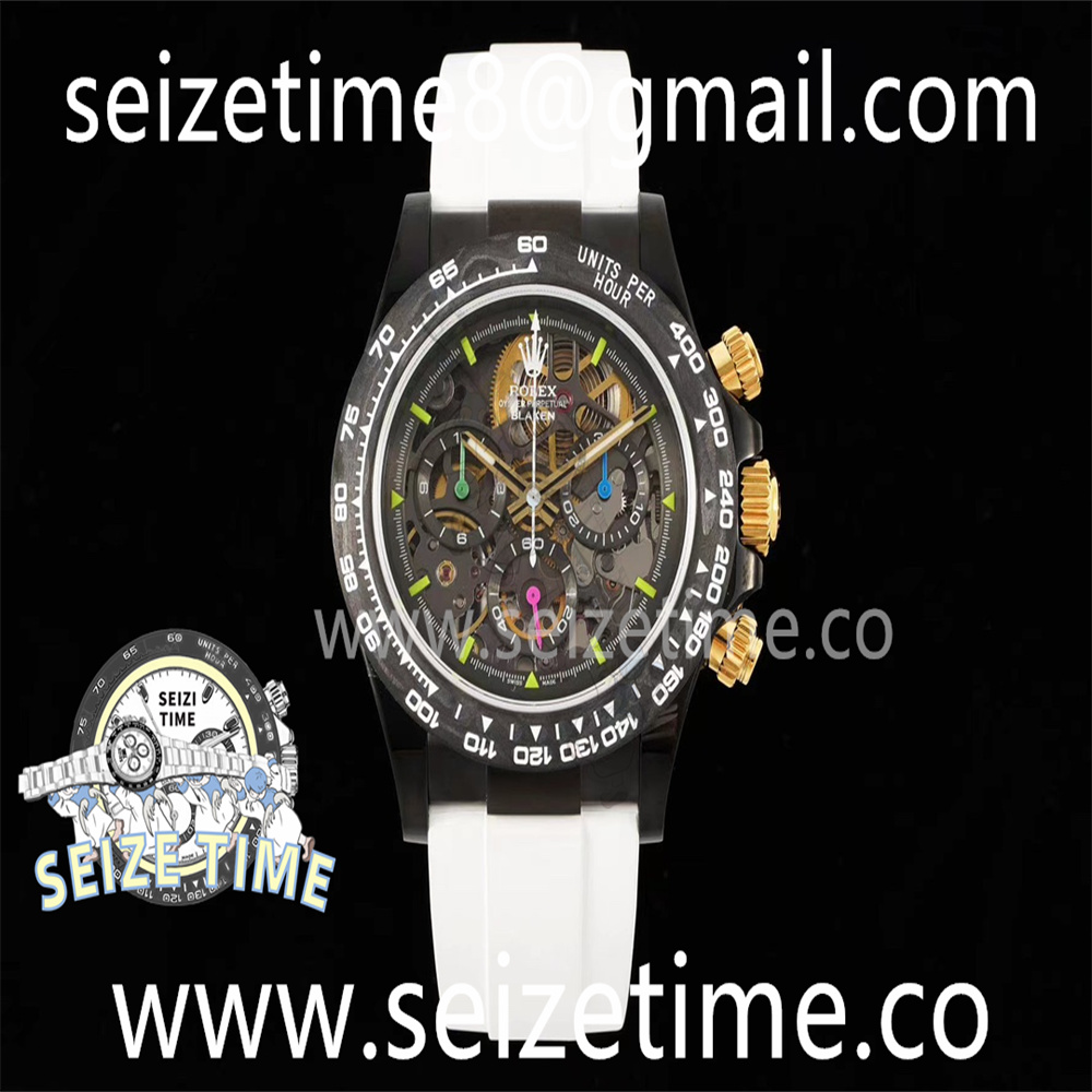 Blaken Daytona PVD Carbon Bezel GETF Best Edition Skeleton Candy Dial on White Rubber Strap SA4130
