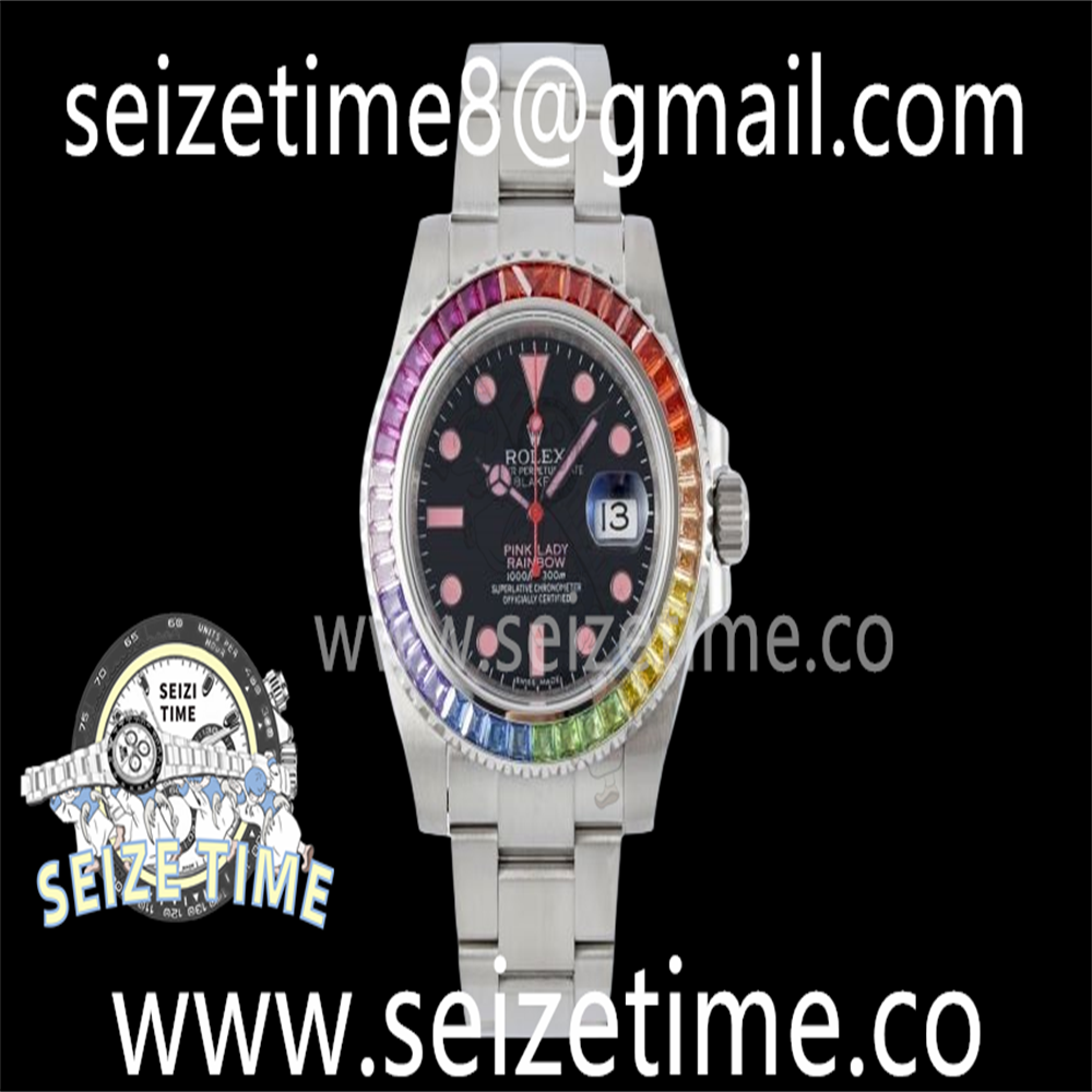 Submariner SS Pink Lady Rainbow Bezel SS RAF 1:1 Best Edition Black Dial on SS Bracelet VR3135