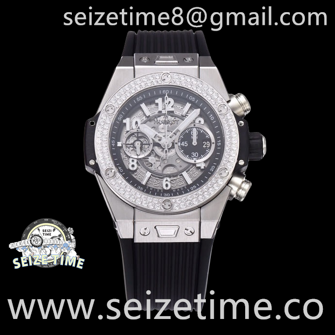 Big Bang Unico Titanium Diamonds 44mm SS Diam Bezel Skeletonal Dial on Rubber Strap ZF A1280