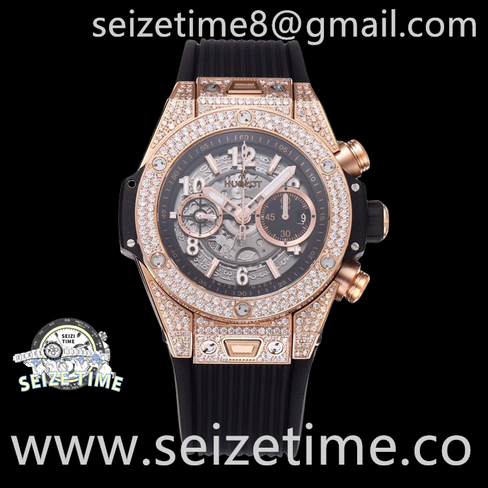 Big Bang Unico King Gold Pave 44mm Diam RG Diam Bezel Skeletonal Dial on Rubber Strap ZF A1280