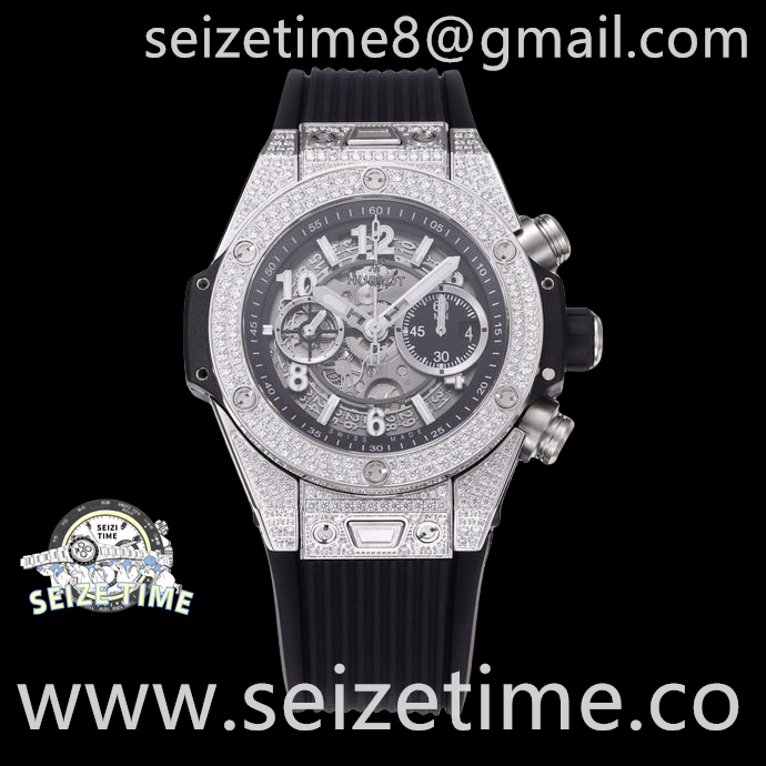 Big Bang Unico Titanium Pave 44mm Diam SS Diam Bezel Skeletonal Dial on Rubber Strap ZF A1280