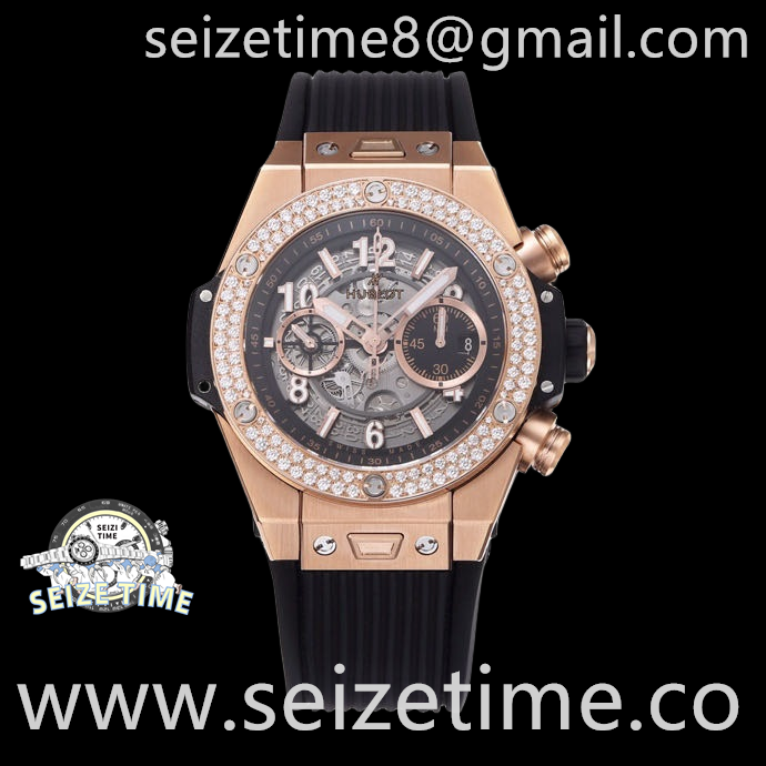 Big Bang Unico King Gold Diamonds 44mm RG Diam Bezel Black Skeletonal Dial on Rubber Strap ZF A1280