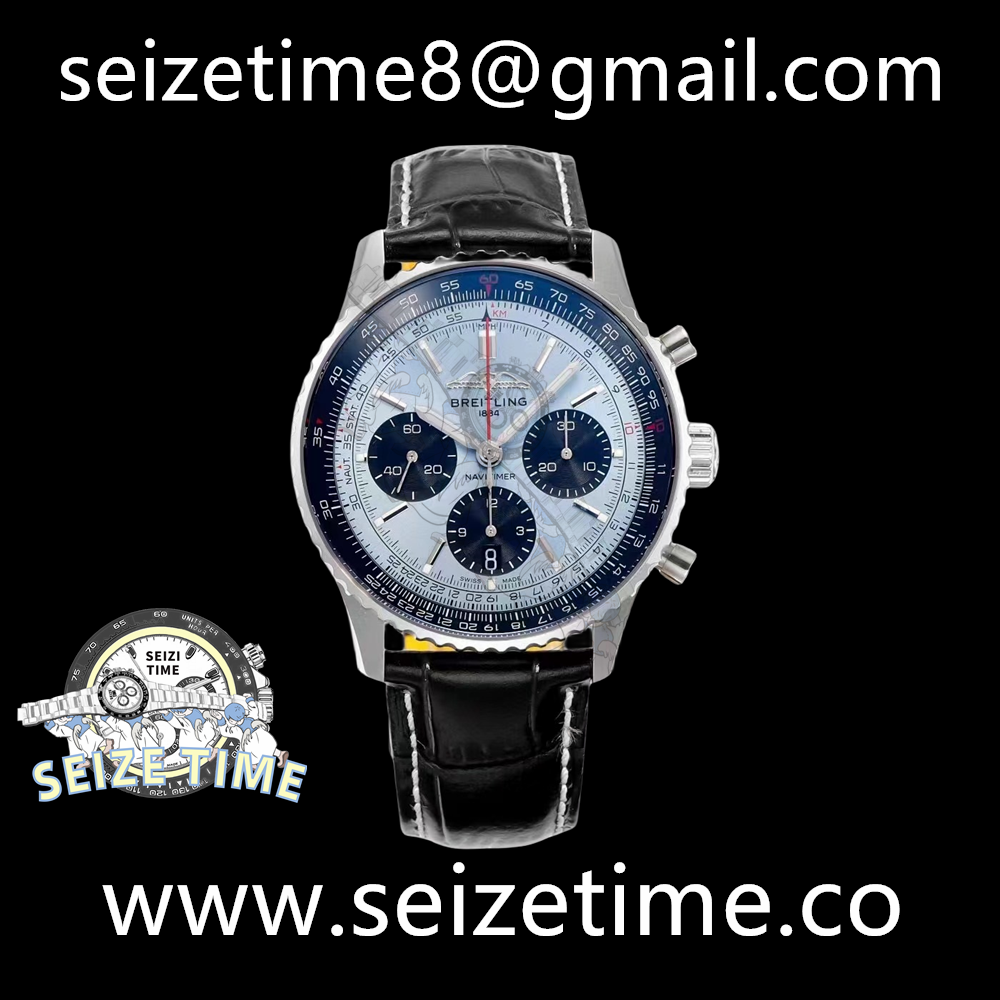 Navitimer B01 Chronograph 43 SS Light Blue Dial on Leather Strap BLS A7750