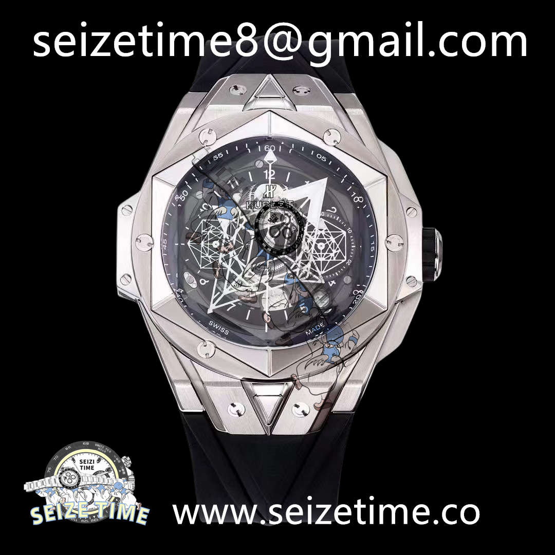 Big Bang Sang Bleu II Chrono SS BBF Best Edition Black Dial on Black Gummy Strap A7750