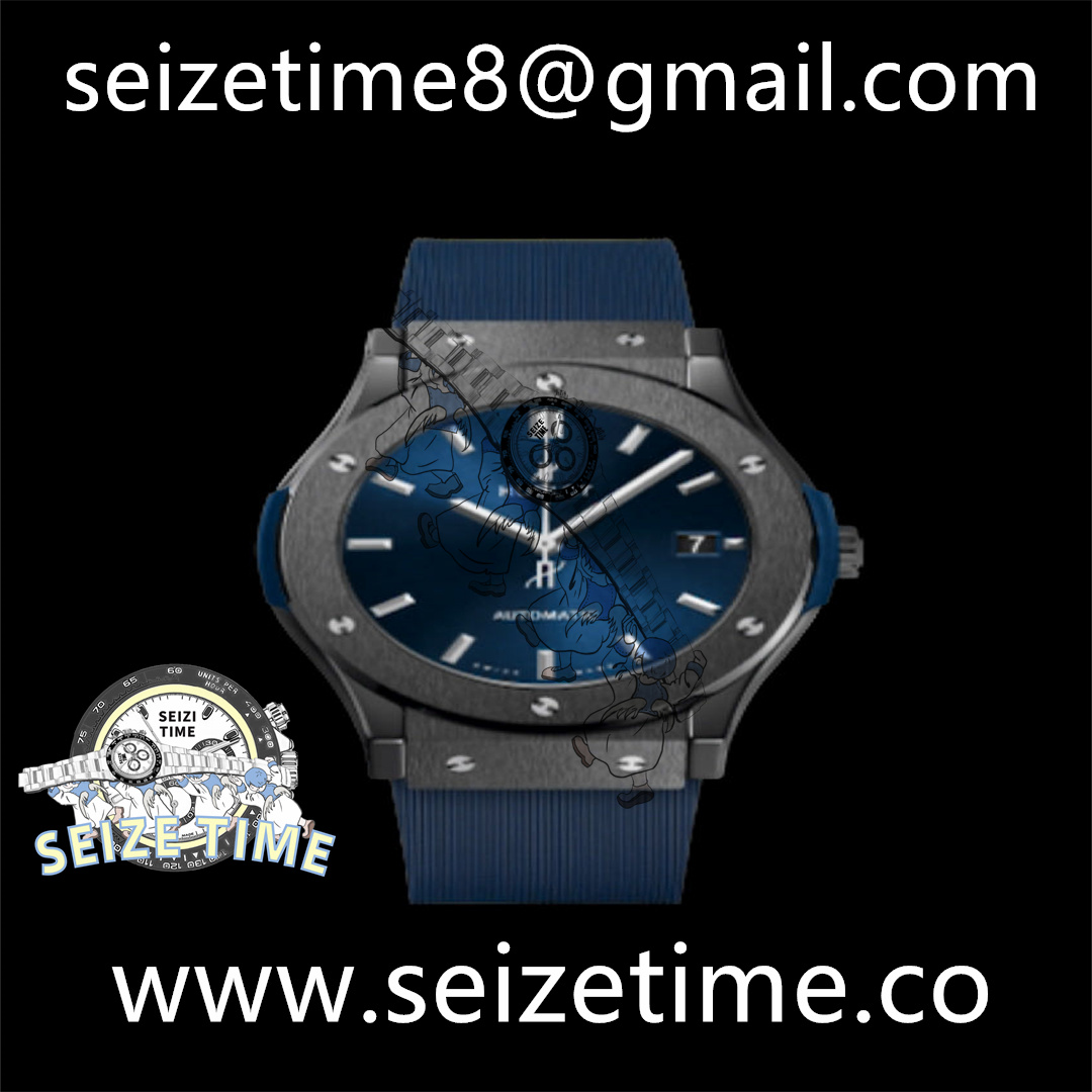 Classic Fusion 42mm Real Black Ceramic GSF 1:1 Best Edition Blue Dial on Blue Gummy Strap SW300