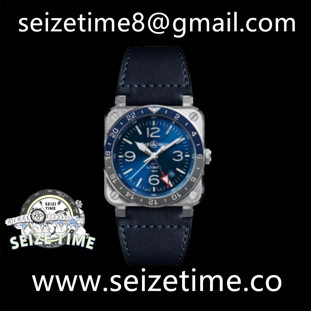 BR03-93 GMT 42mm SS Blue Dial on Leather Strap Asia 2836
