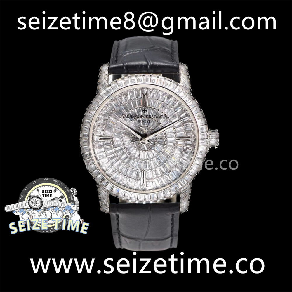 Traditionnelle High Jewellery Watch SS Full Diamonds on Black Leather Strap MIYOTA9015