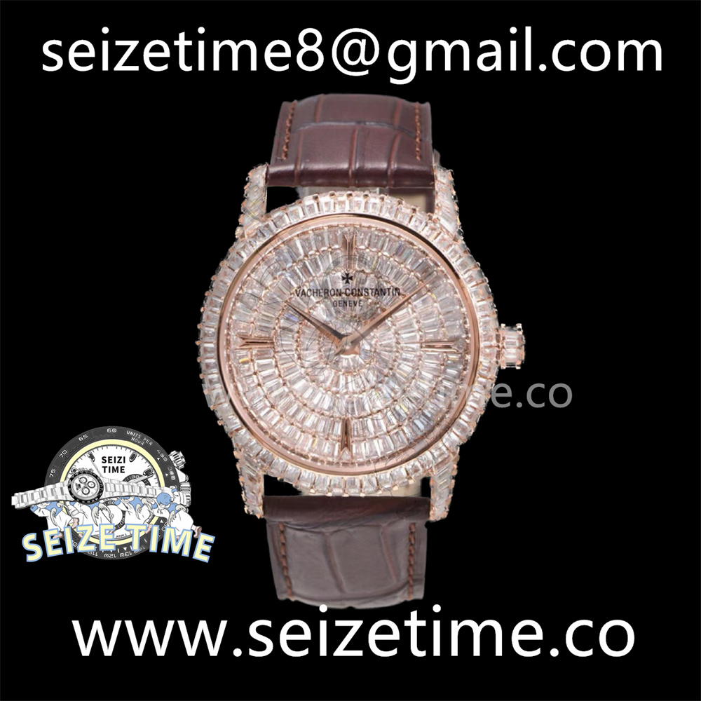 Traditionnelle High Jewellery Watch RG Full Diamonds on Brown Leather Strap MIYOTA9015