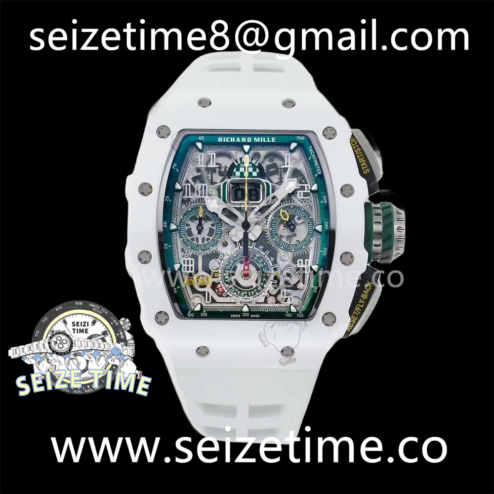 RM011 Real White Ceramic Chronograph KVF 1:1 Best Edition Crystal Skeleton Dial Green on White Rubber Strap A7750