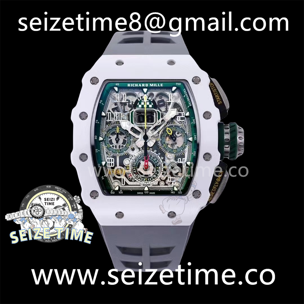 RM011 Real White Ceramic Chronograph KVF 1:1 Best Edition Crystal Skeleton Dial Green on Grey Rubber Strap A7750