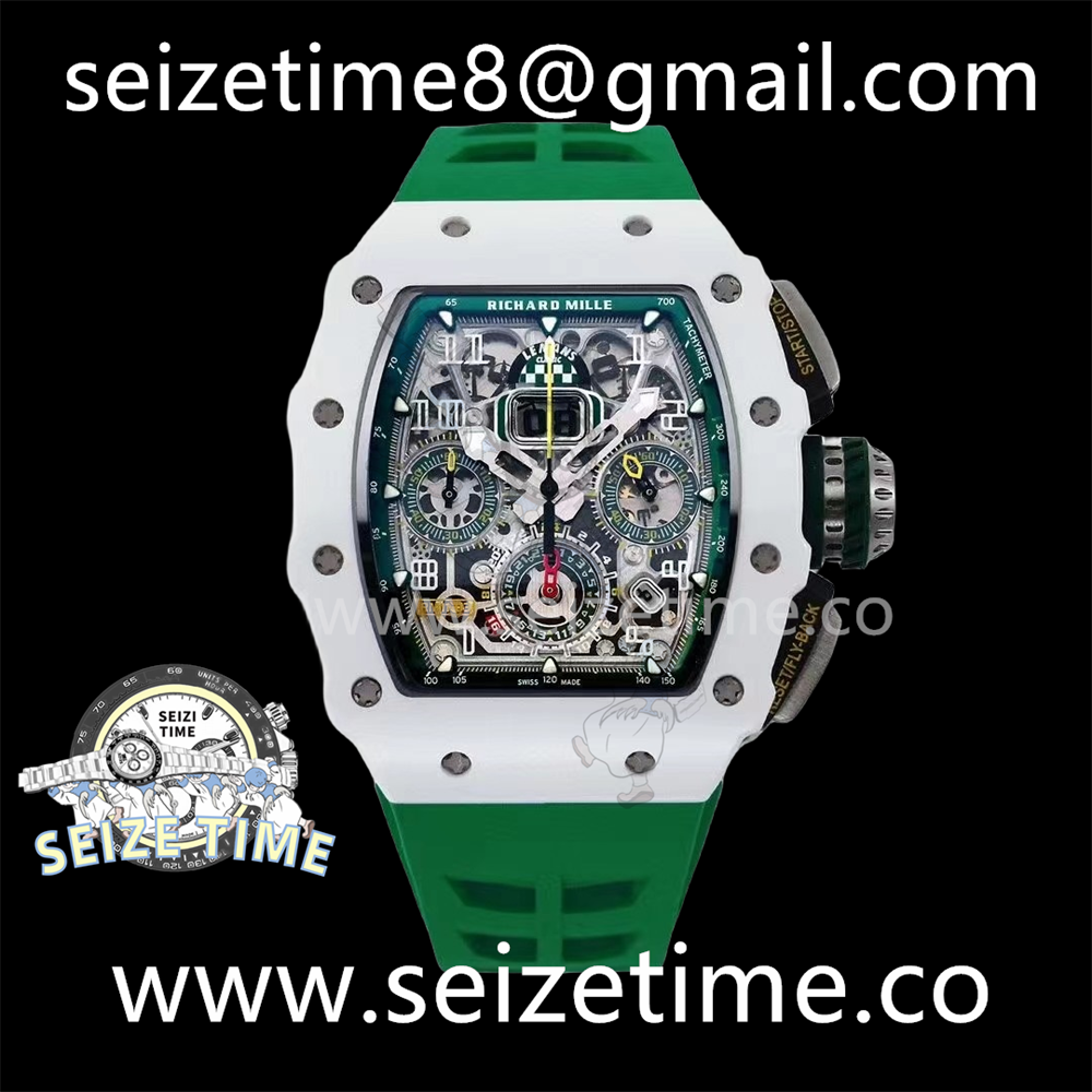 RM011 Real White Ceramic Chronograph KVF 1:1 Best Edition Crystal Skeleton Dial Green on Green Rubber Strap A7750