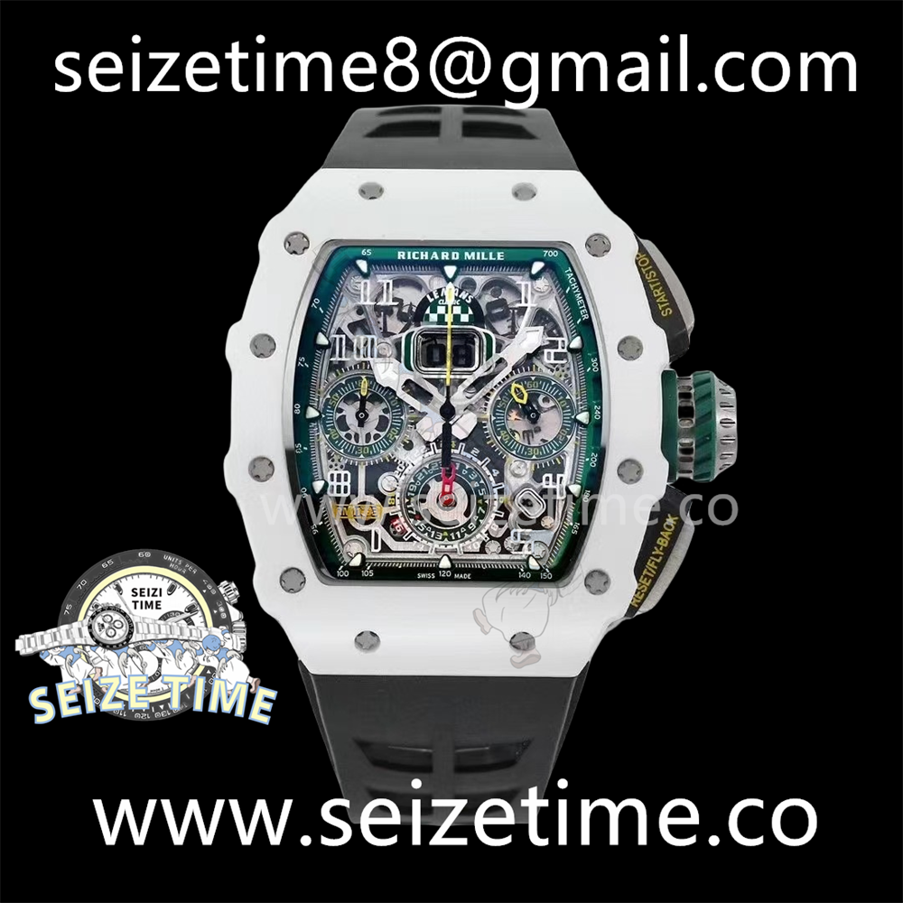 RM011 Real White Ceramic Chronograph KVF 1:1 Best Edition Crystal Skeleton Dial Green on Black Rubber Strap A7750
