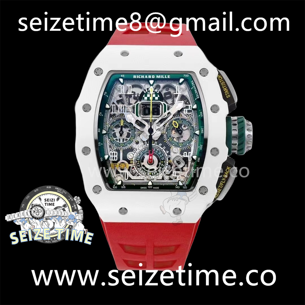 RM011 Real White Ceramic Chronograph KVF 1:1 Best Edition Crystal Skeleton Dial Green on Red Rubber Strap A7750