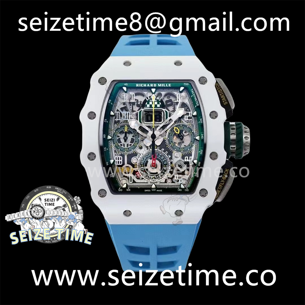RM011 Real White Ceramic Chronograph KVF 1:1 Best Edition Crystal Skeleton Dial Green on Blue Rubber Strap A7750