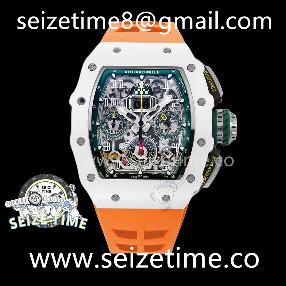 RM011 Real White Ceramic Chronograph KVF 1:1 Best Edition Crystal Skeleton Dial Green on orange Rubber Strap A7750