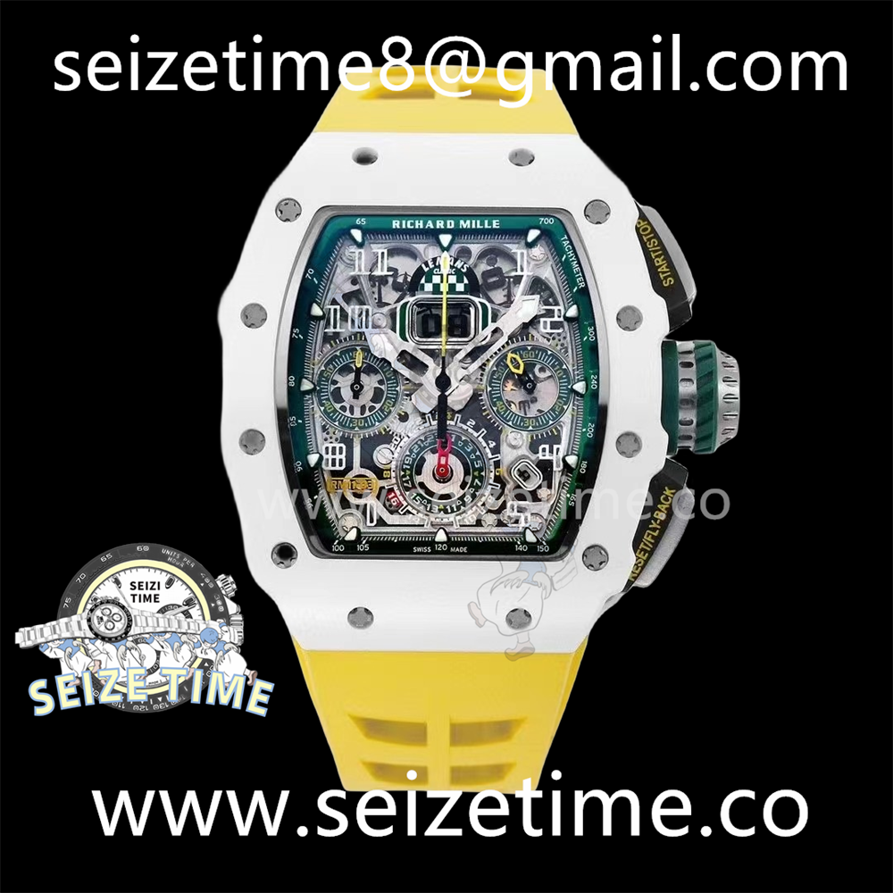 RM011 Real White Ceramic Chronograph KVF 1:1 Best Edition Crystal Skeleton Dial Green on Yellow Rubber Strap A7750