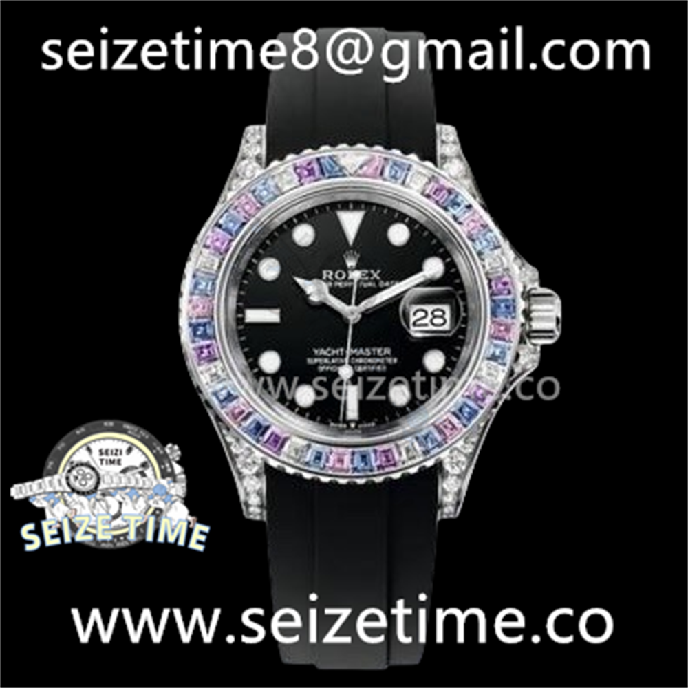 Yacht-Master 42mm Full Diamonds JVSF 1:1 Best Edition Black Dial Pueple Diamonds Bezel on Black Rubber Strap VR3235