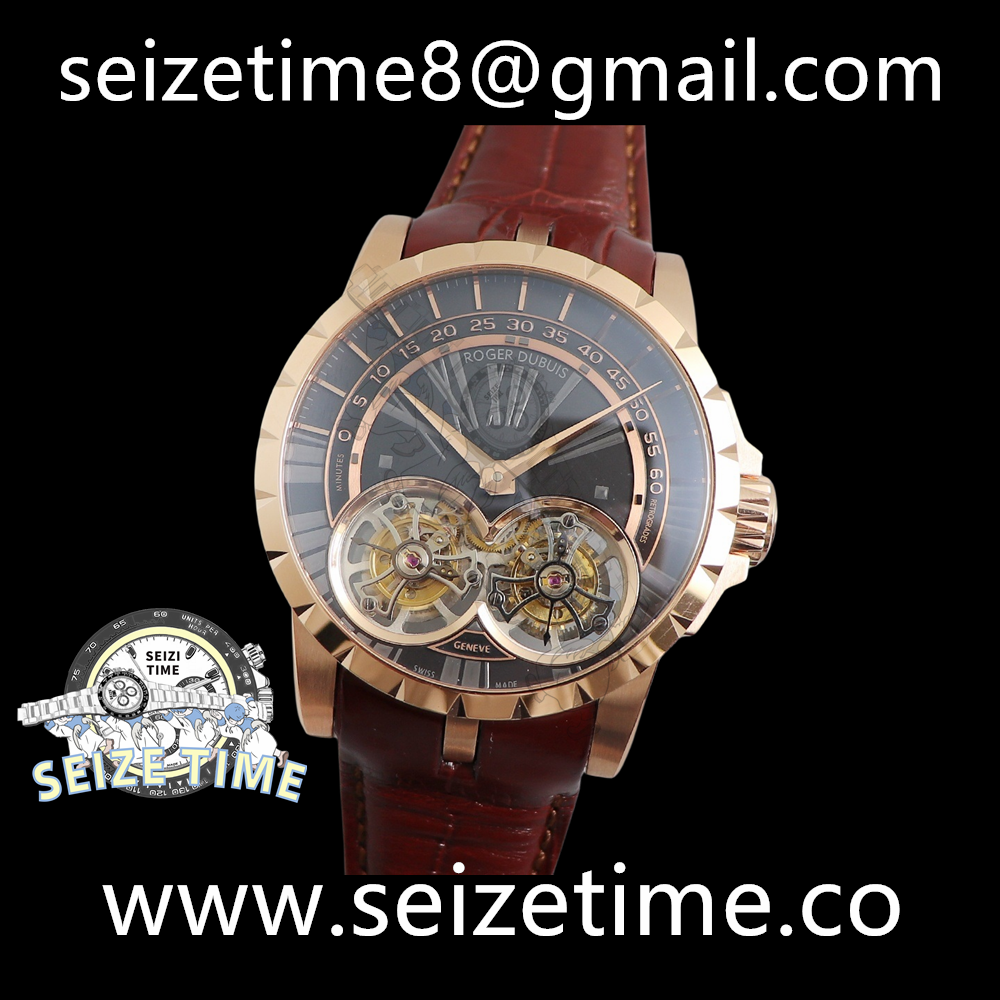 Excalibur RDDBEX0280 RG REAL Double Flying Tourbillon SS JBF Black Dial on Brown Croco Leather Strap