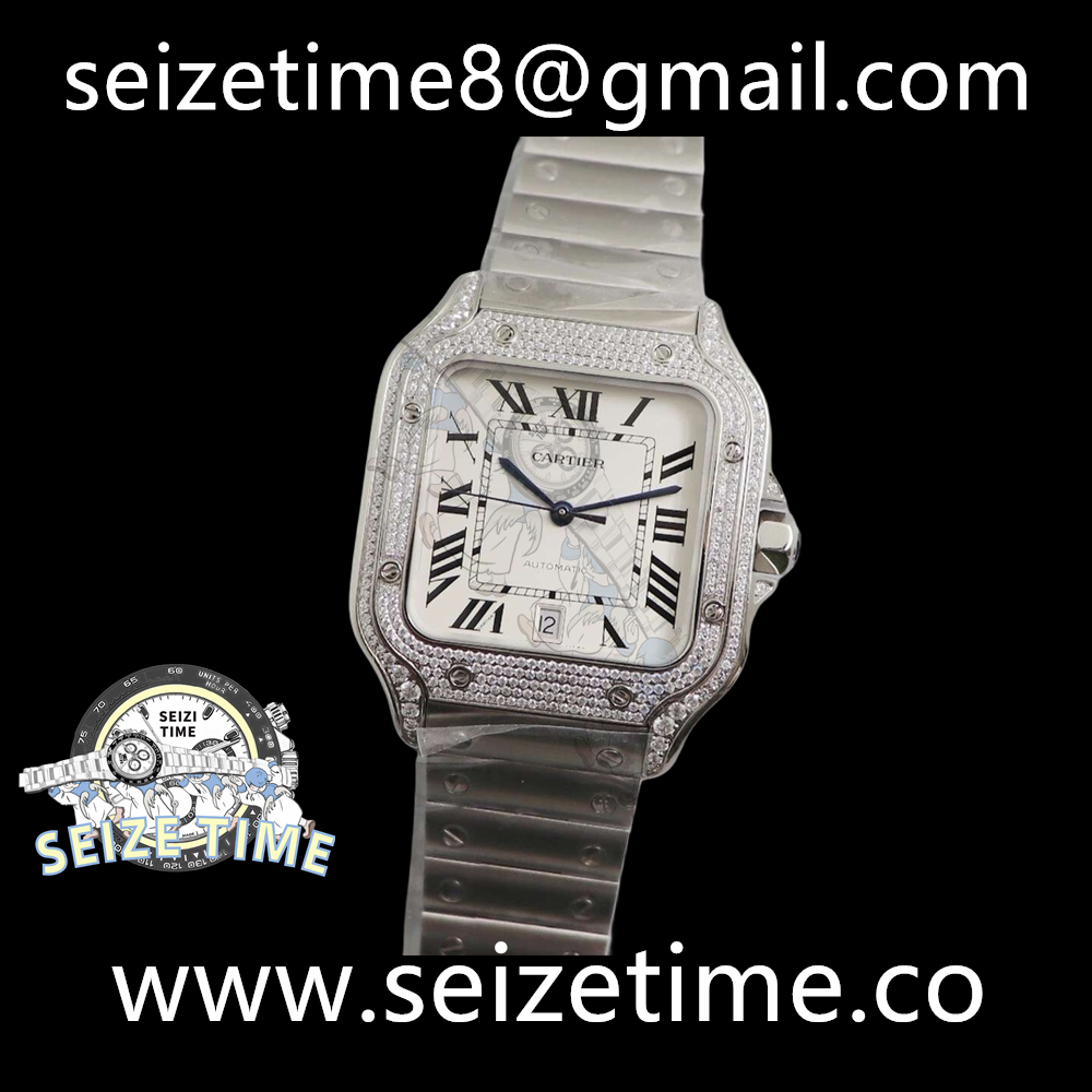 Santos de Cartier 40mm SS Diamonds Bezel BVF 1:1 Best Edition White Dial on SS SmartLinks Bracelet MIYOTA 9015