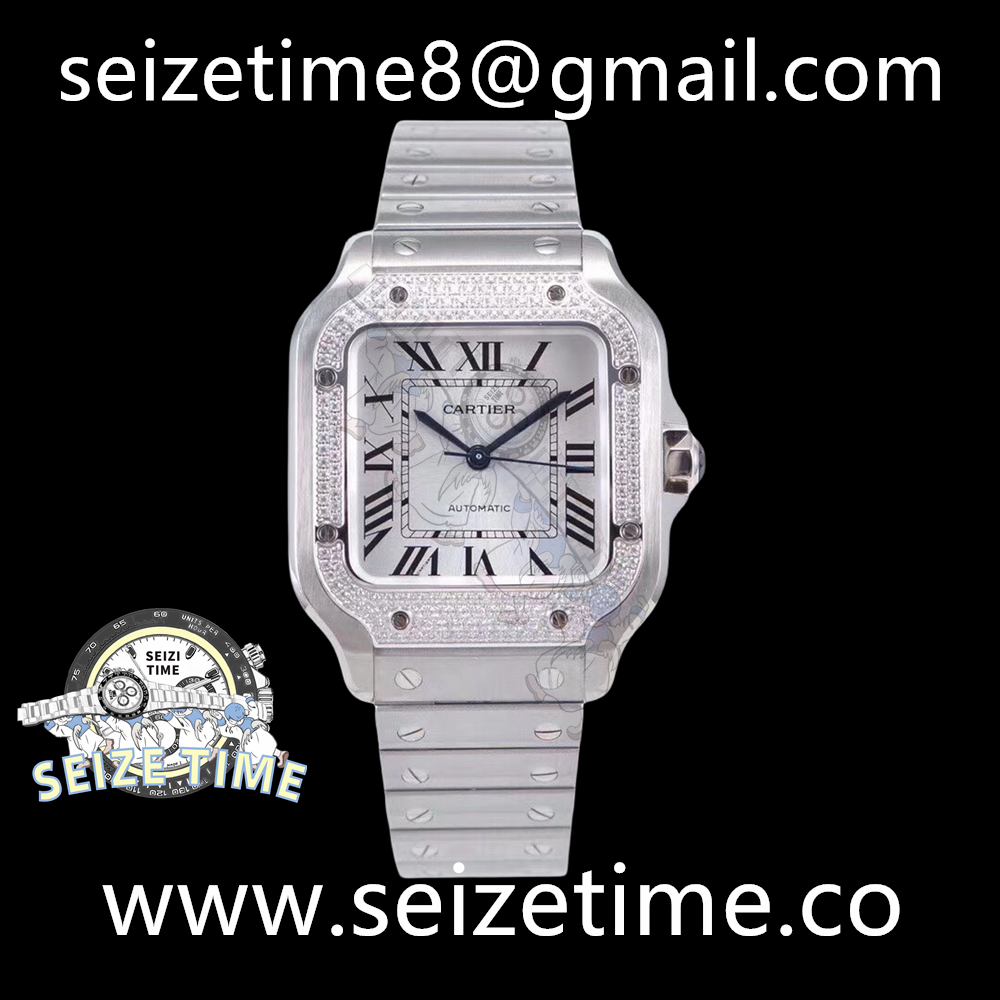 Santos de Cartier 35mm SS Diamonds Bezel BVF 1:1 Best Edition White Dial on SS SmartLinks Bracelet MIYOTA 9015