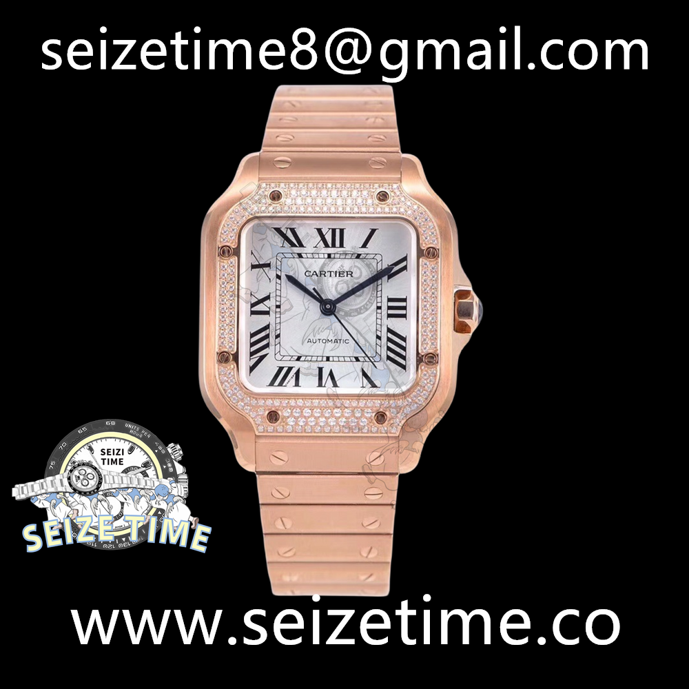Santos de Cartier 35mm RG Diamonds Bezel BVF 1:1 Best Edition White Dial on RG SmartLinks Bracelet MIYOTA 9015