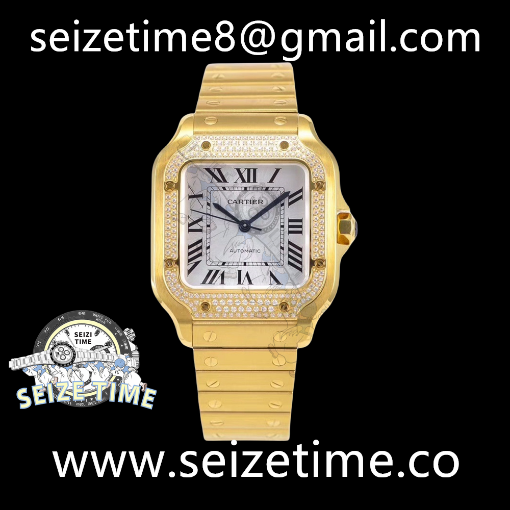 Santos de Cartier 35mm YG Diamonds Bezel BVF 1:1 Best Edition White Dial on YG SmartLinks Bracelet MIYOTA 9015
