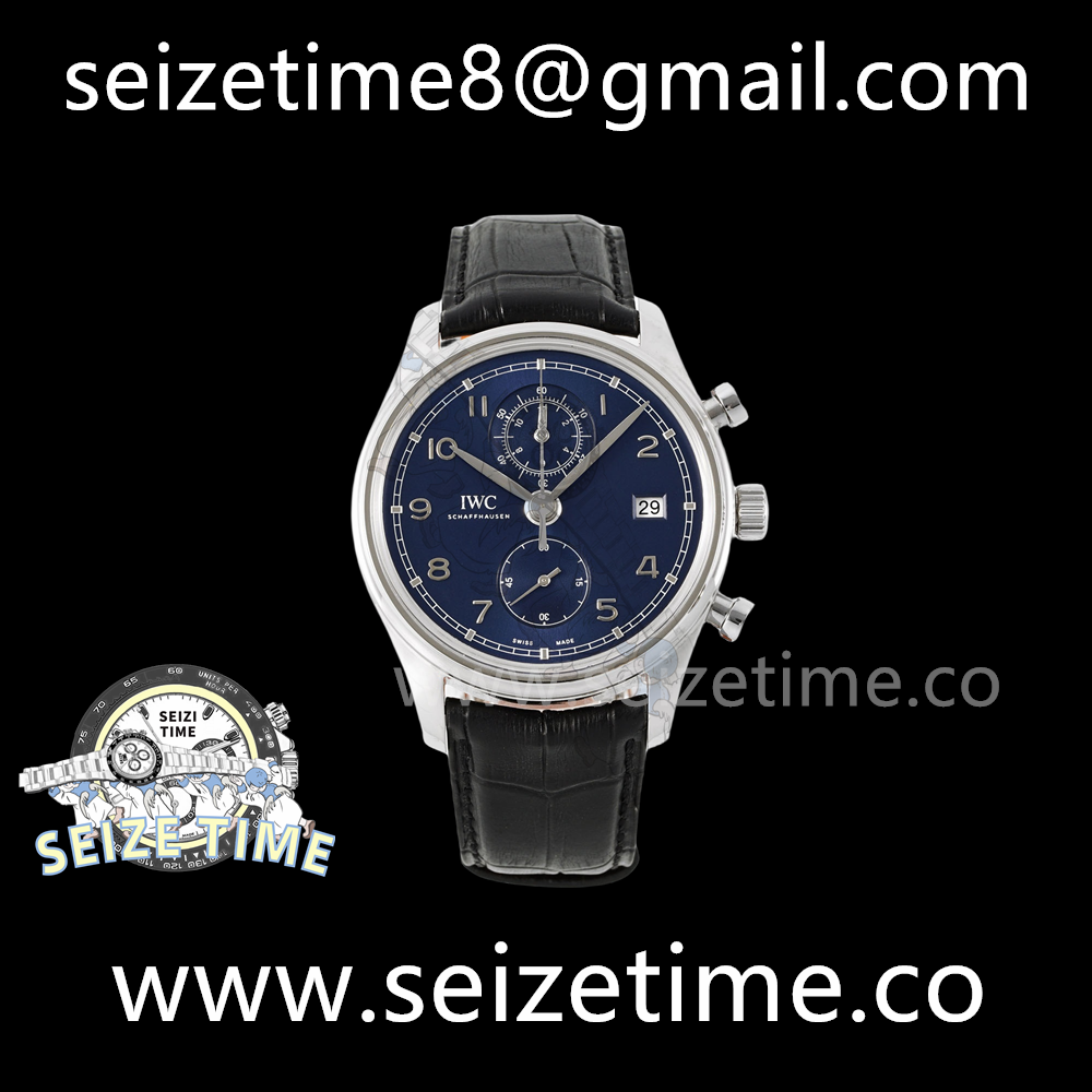 Portugieser Chronograph IW390303 SS APSF 1:1 Best Edition Blue Dial on Black Leather Strap A89361