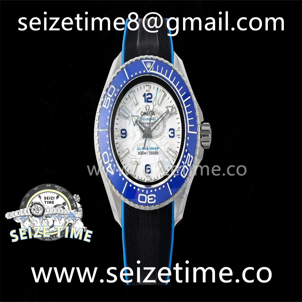 Seamaster 6000M Ultra Deep SS TF 1:1 Best Edition White Dial Blue Ceramic Bezel on Black Rubber Strap A2824