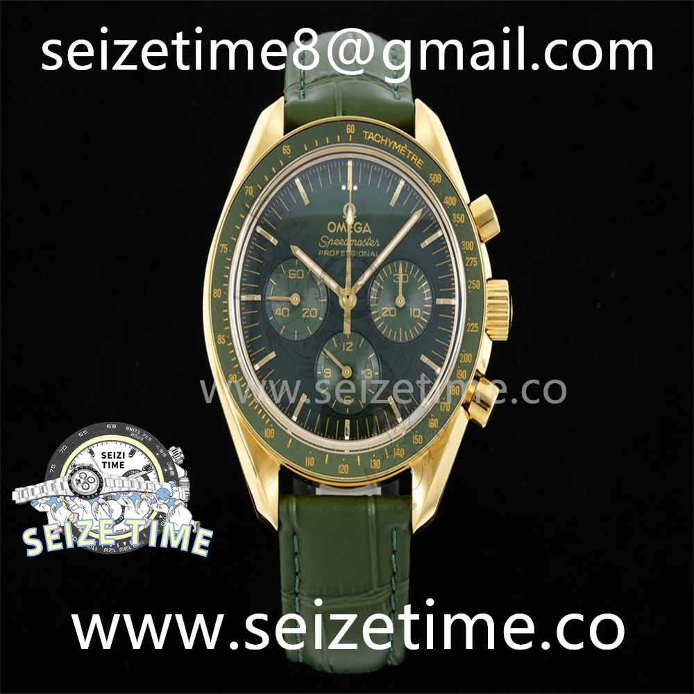 Speedmaster Moonwatch in Moonshine Gold YG RMF Best Edition Green Dial on Green Leather Strap Manual Chrono