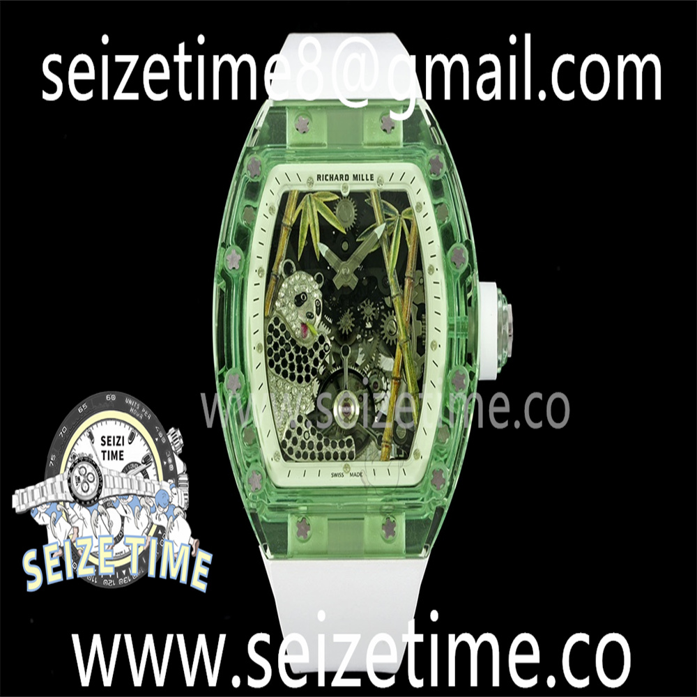 RM26-01 Green Transparent Tourbillon RM Best Edition Panda Skeleton Dial on White Rubber Strap
