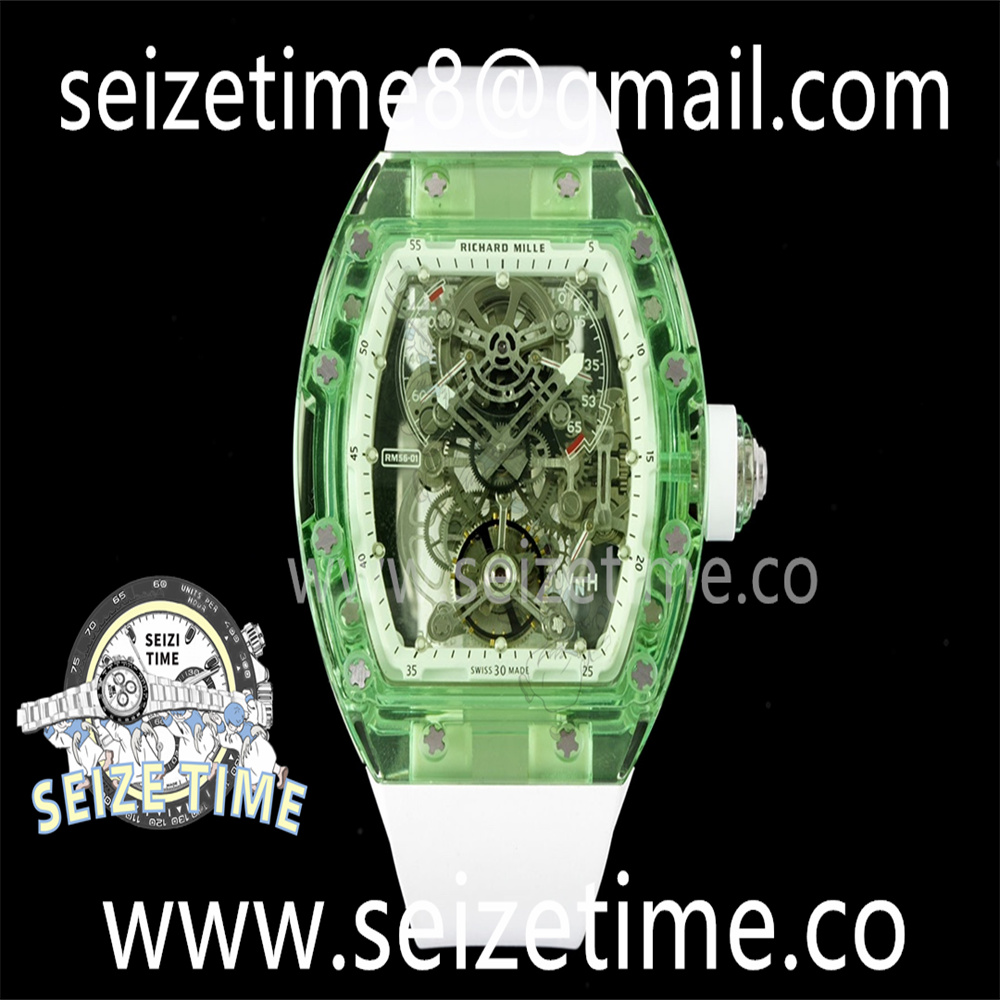 RM56-01 Green Transparent Tourbillon RMF Best Edition Skeleton Dial on White Rubber Strap
