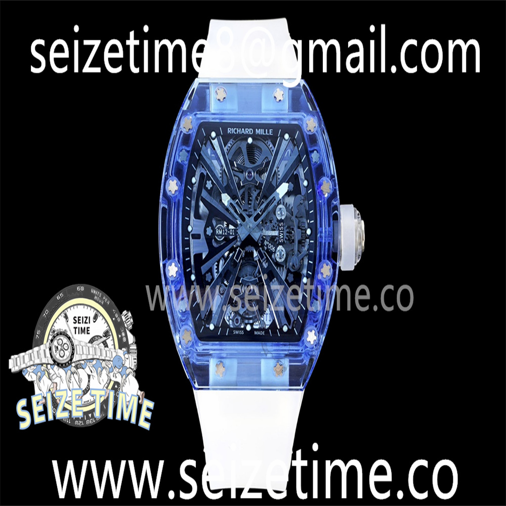RM 12-01 Blue Transparent Tourbillon RMF Best Edition Skeleton Dial on White Rubber Strap