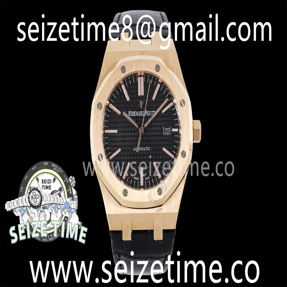 Royal Oak 41mm 15400 RG APSF 1:1 Best Edition Black Textured Dial on Black Leather Strap SA3120 Super Clone V3