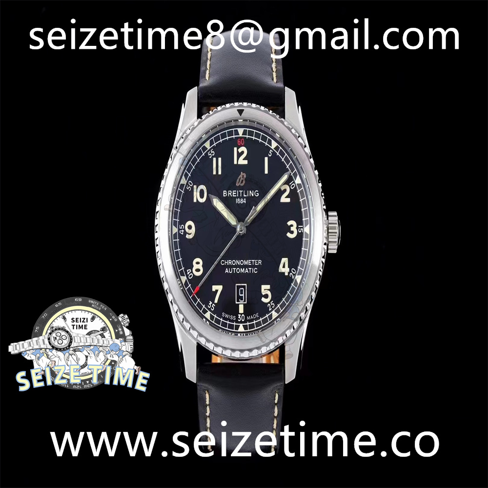 Navitimer 8 Automatic 41mm SS TF 1:1 Best Edition Black Dial on Black Leather Strap A2824