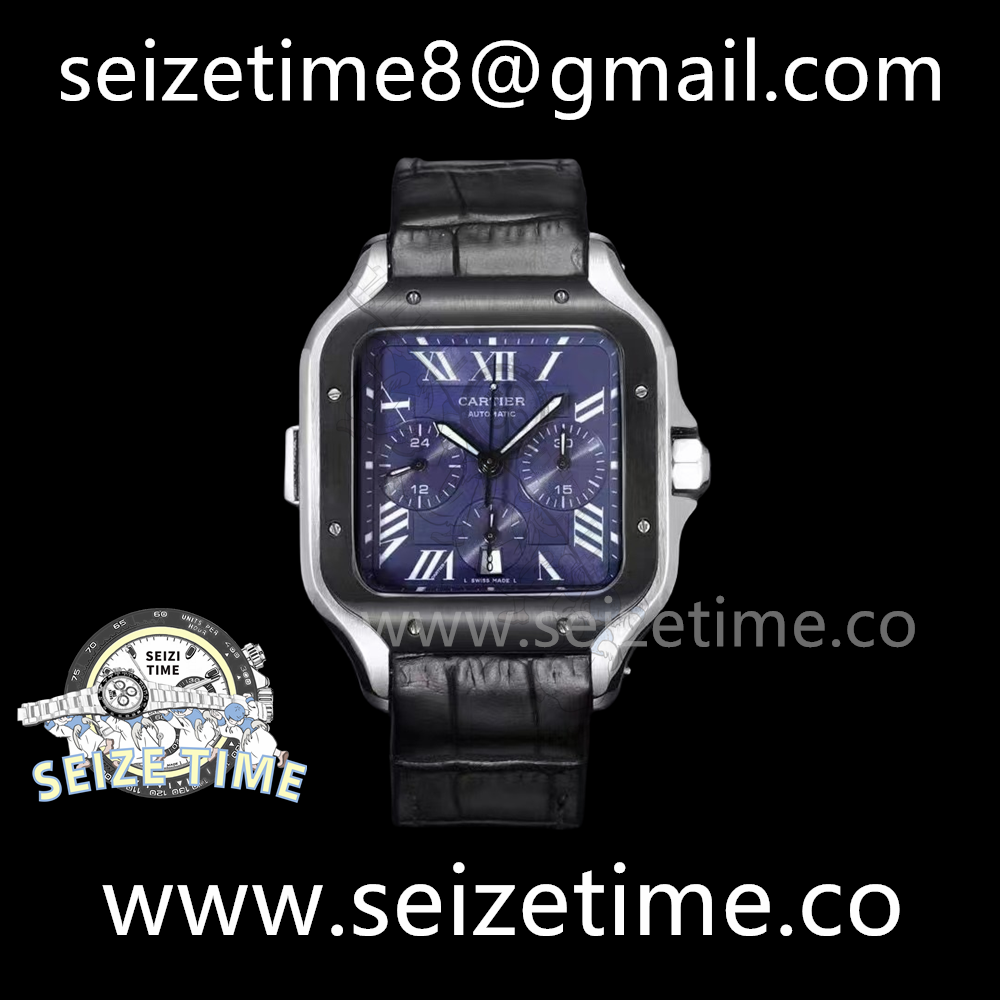 Santos de Cartier 43mm SS ZLF 1:1 Best Edition Blue Dial Black Bezel on Leather Bracelet A7750