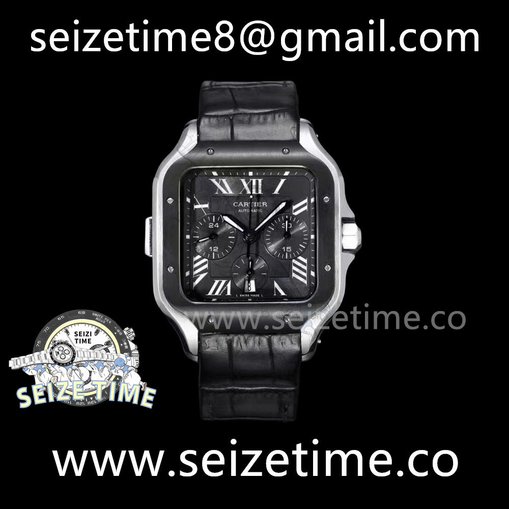 Santos de Cartier 43mm SS ZLF 1:1 Best Edition Black Dial Black Bezel on Leather Bracelet A7750