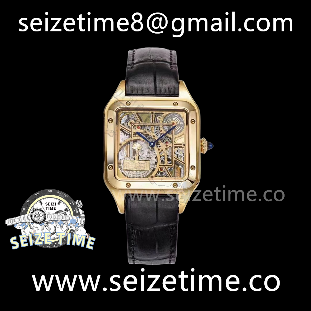 Santos de Cartier 43mm YG CLGF 1:1 Best Edition Skeleton Dial on Black Leather Bracelet Swiss 1042
