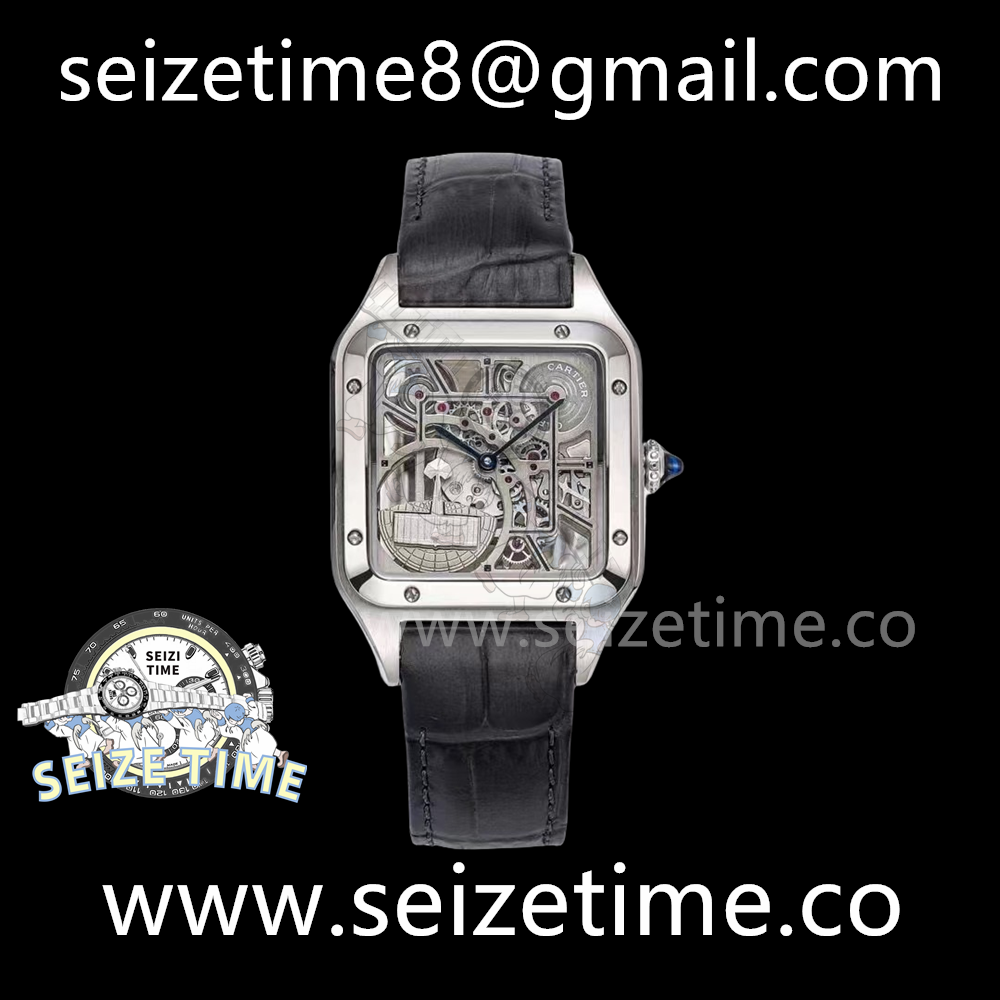 Santos de Cartier 43mm SS CLGF 1:1 Best Edition Skeleton Dial on Black Leather Bracelet Swiss 1042