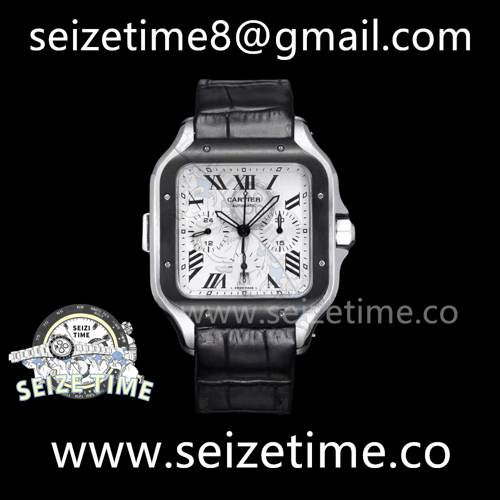 Santos de Cartier 43mm SS ZLF 1:1 Best Edition White Dial Black Bezel on Leather Bracelet A7750