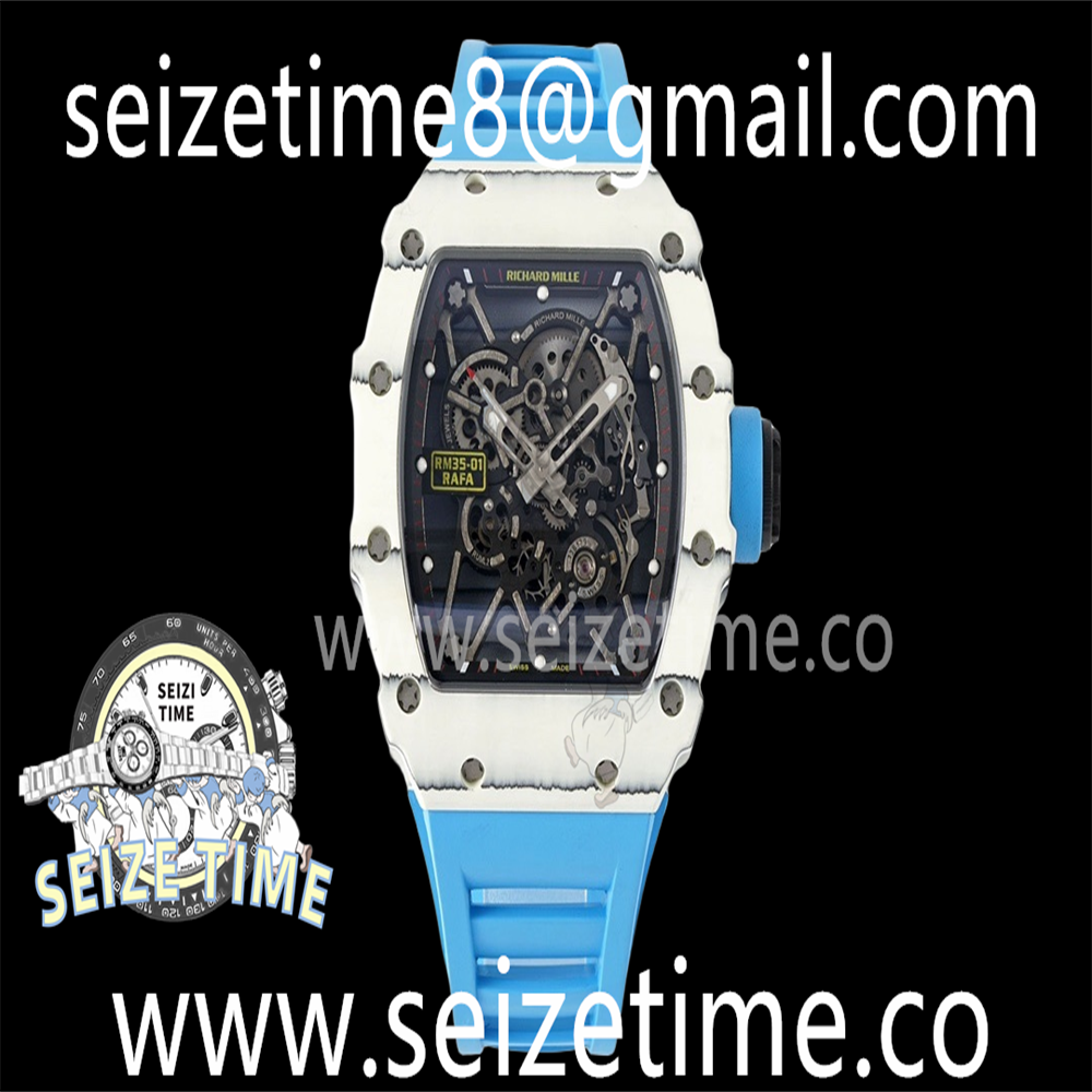 RM35-01 White Carbon SONIC Best Edition Skeleton Dial on Blue Rubber Strap Clone RMUL2