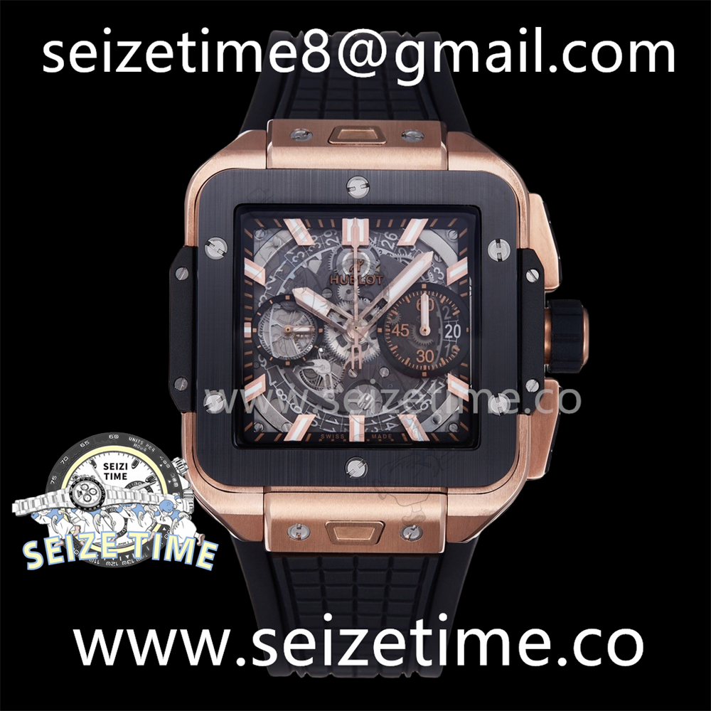 Square Bang Unico 42mm RG BBF 1:1 Best Edition Skeleton Dial Ceramic Bezel on Black Rubber Strap A1280