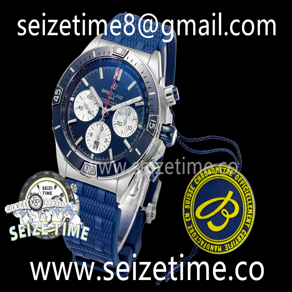 Chronomat B01 44mm SS BLS 1:1 Best Edition Blue Dial on Black Rubber Strap A7750