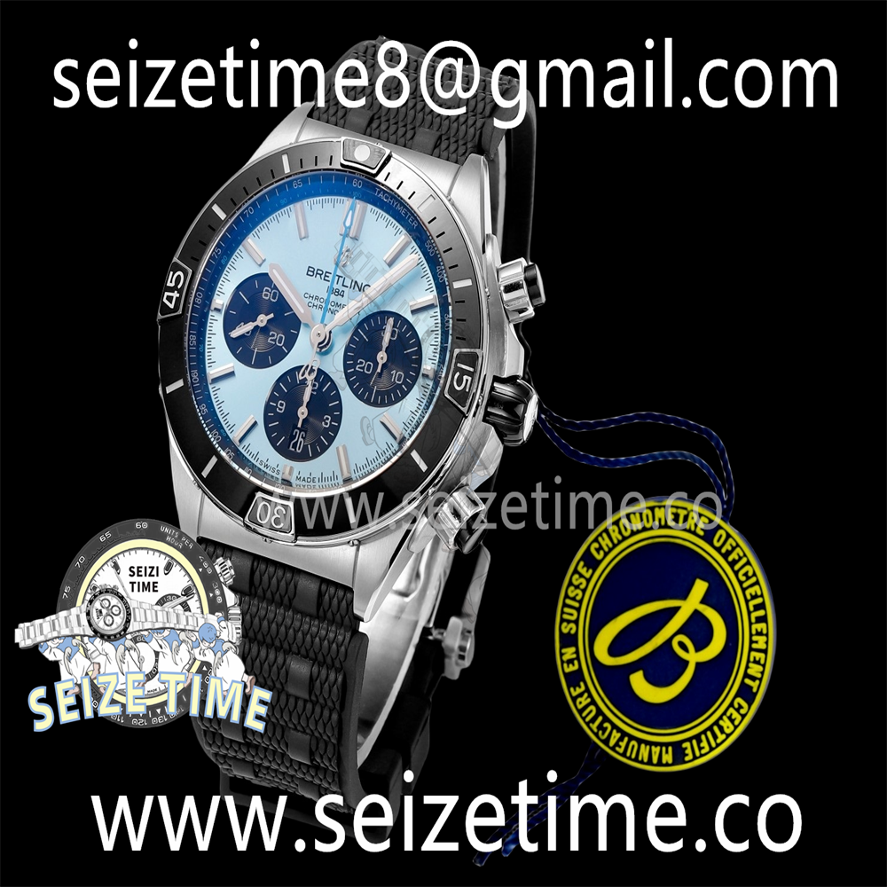 Chronomat B01 44mm SS BLS 1:1 Best Edition Ice Blue Dial on Black Rubber Strap A7750