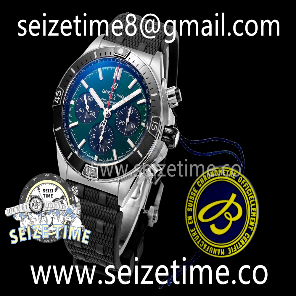 Chronomat B01 44mm SS BLS 1:1 Best Edition Green Dial on Black Rubber Strap A7750