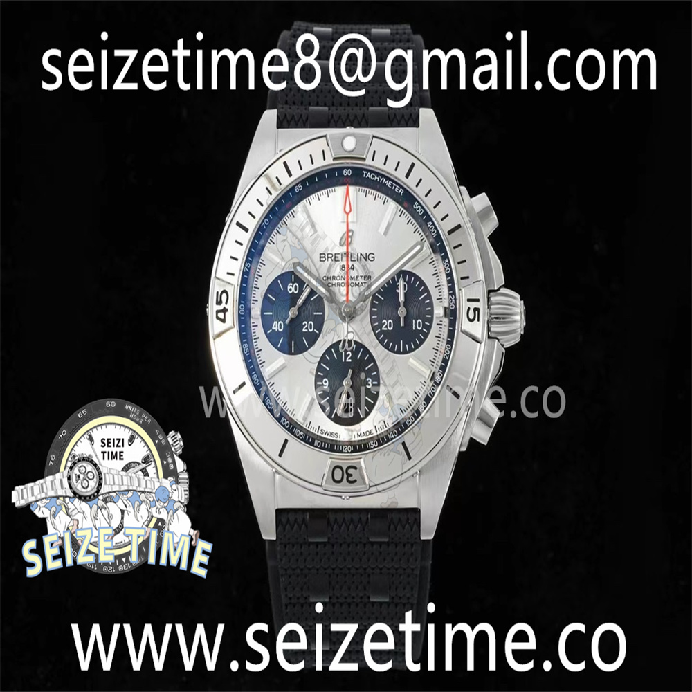 Chronomat B01 42mm SS TF 1:1 Best Edition Silver Dial on Black Rubber Strap A7750
