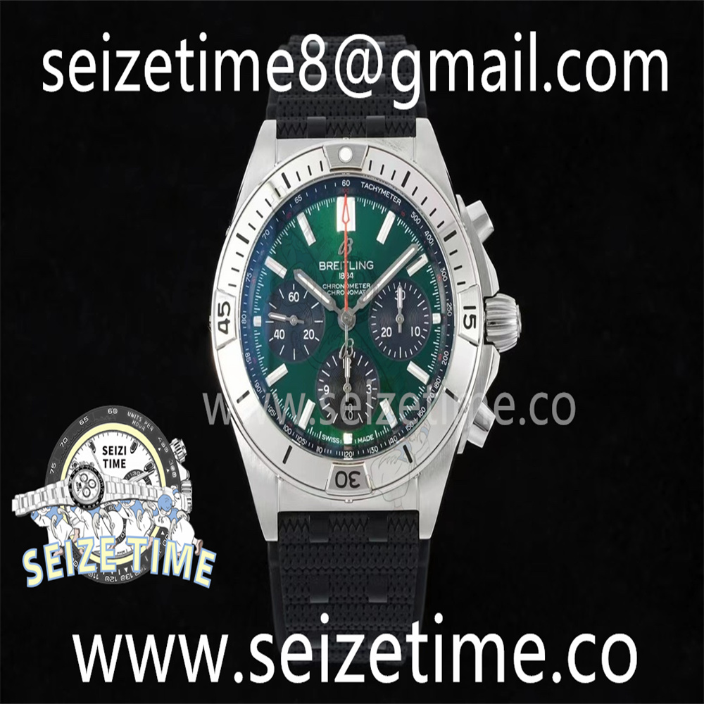 Chronomat B01 42mm SS TF 1:1 Best Edition Green Dial on Black Rubber Strap A7750