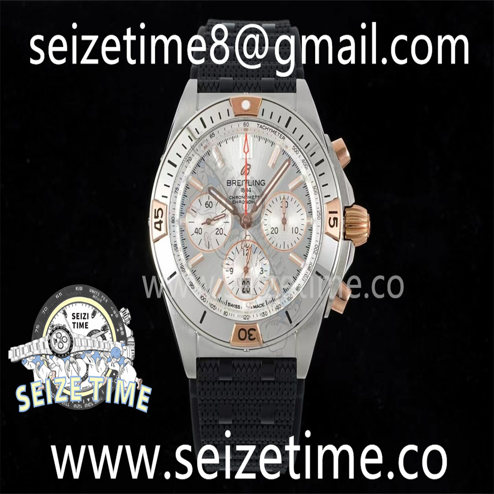 Chronomat B01 42mm SS/RG TF 1:1 Best Edition Silver Dial on Black Rubber Strap A7750
