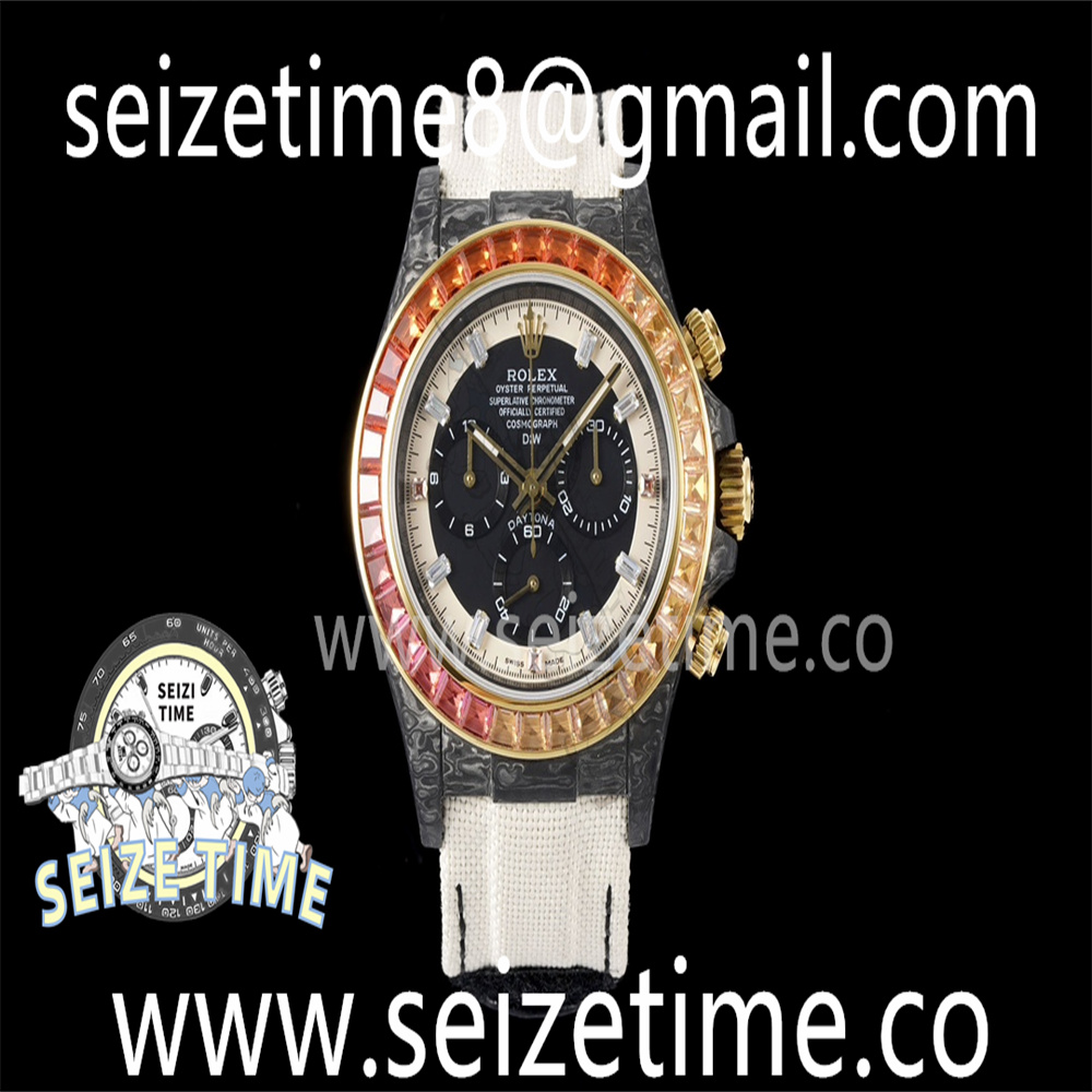 Daytona DIW Carbon Case DIWF Edition Black/White Dial Orange Diamonds Bezel on White Nylon Strap A7750
