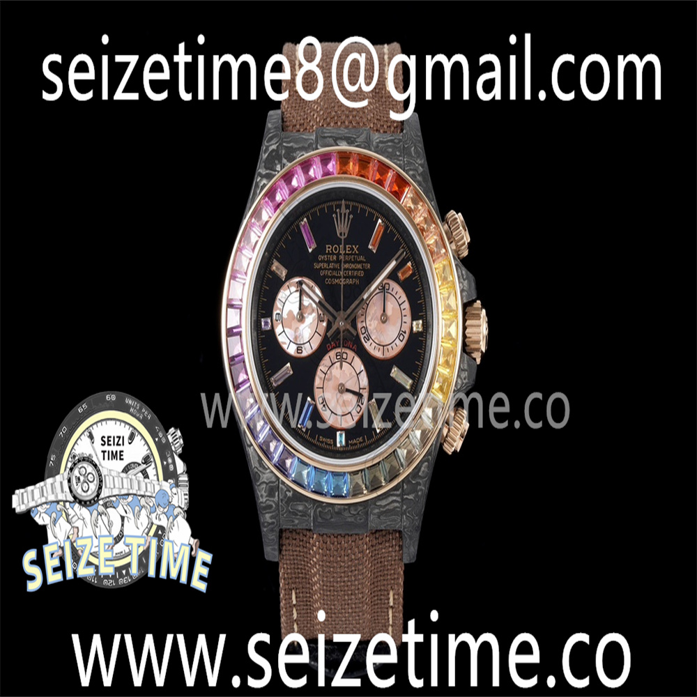 Daytona DIW Carbon Case DIWF Edition Black Dial Rainbow Diamonds Bezel on Brown Nylon Strap A7750