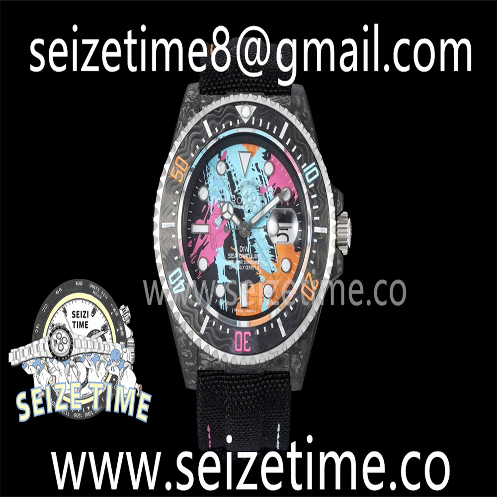 Sea Dweller 43mm Carbon DIWF Best Edition Graffiti Dial on Black Nylon Strap A2824
